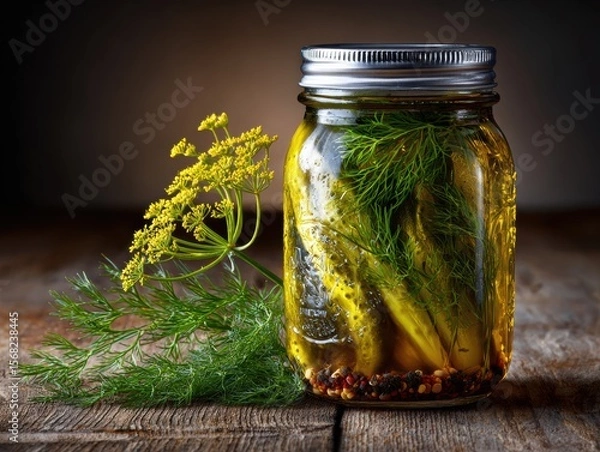 Obraz Pickles and herbs in a glass jar with condensation on a rustic wooden table