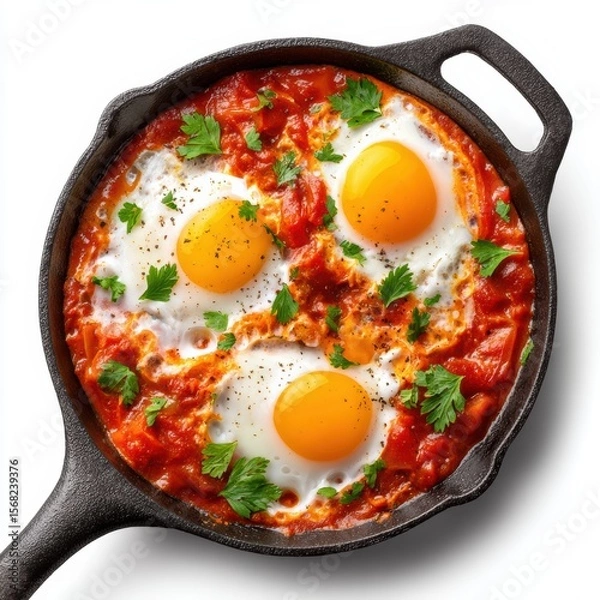 Obraz Delicious shakshuka with poached eggs in tomato sauce served in a cast iron skillet