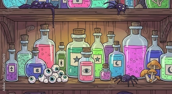 Obraz Colorful bottles of potions and ingredients on wooden shelves, filled with mystical elements.