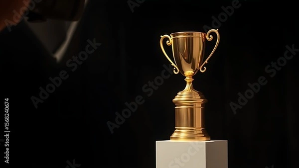 Fototapeta Golden trophy displayed elegantly on a pedestal against a dark backdrop.
