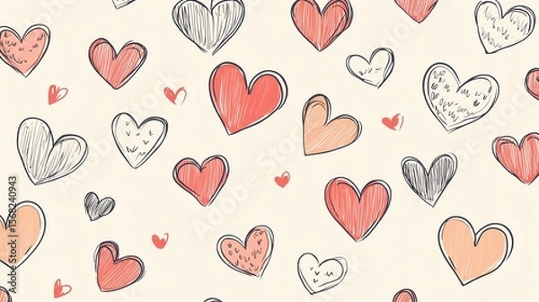 Fototapeta Doodle style uneven tiny different outline hearts seamless repeat vector pattern Valentines day hand drawn background, template Various cute little heart shapes regular texture
