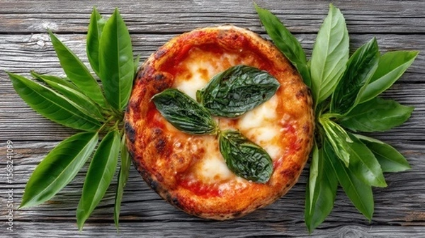 Obraz Wood-fired Margherita pizza served on a rustic wooden table with fresh basil leaves