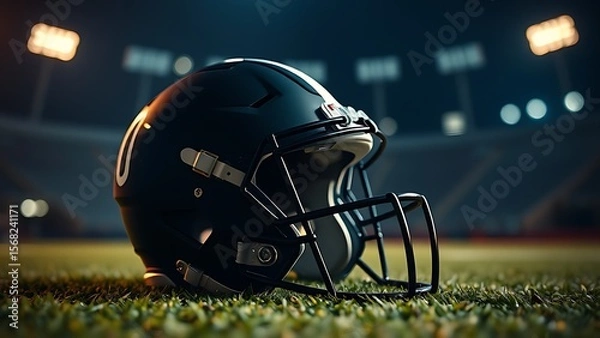 Obraz A dramatic low-angle shot of a football helmet on turf, capturing sports energy and intensity.