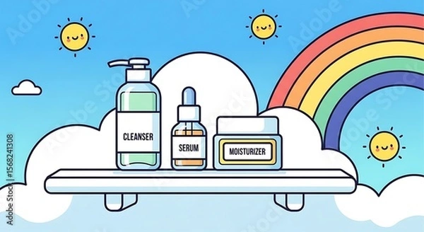 Obraz Bright skincare routine products displayed on a shelf amidst cheerful sun, clouds, and a rainbow.