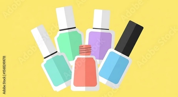 Obraz Five nail polish bottles in various pastel colors are arranged against a yellow background.