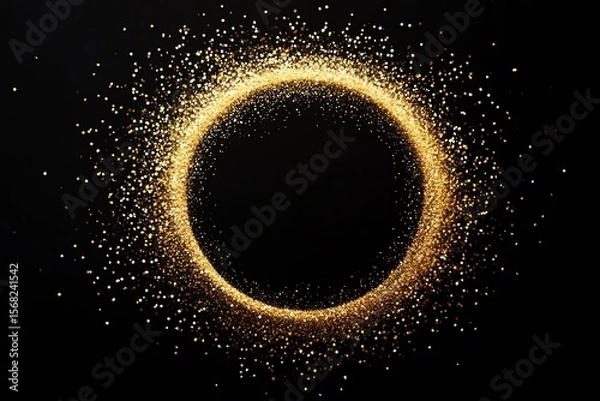 Fototapeta Golden splash or glittering spangles round frame with empty center for text Gold circle made of tiny uneven dots abstract background Golden blobs textured round frame on black back