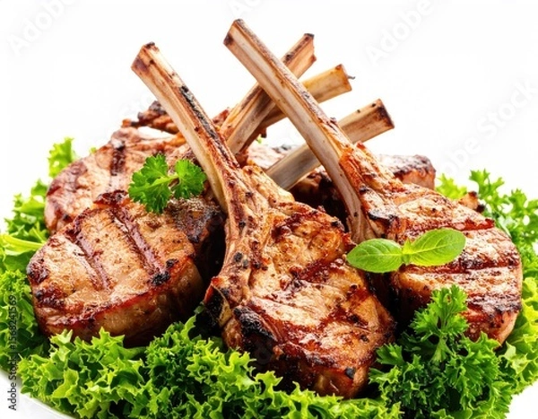 Fototapeta Grilled lamb chops on a bed of greens