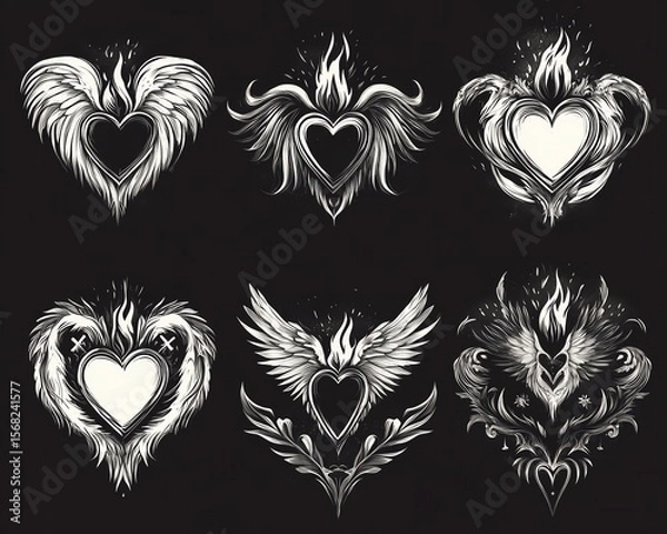 Fototapeta Gothic goth angel core y2k flaming burning hearts illustrations Heart on fire