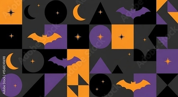 Obraz Halloween-themed geometric pattern with bats, moons, and stars.