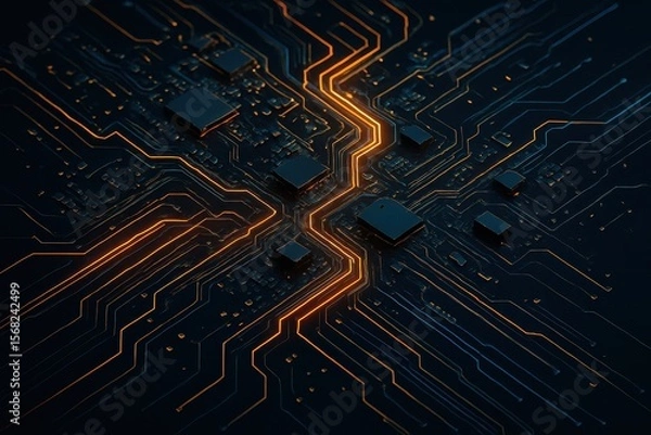 Fototapeta High tech circuit paths glowing in dark background with futuristic style
