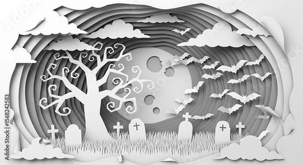 Fototapeta A paper-cut Halloween scene depicts a graveyard, gnarled tree, full moon, and bats flying under a cloudy night sky.