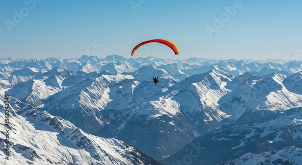 Fototapeta An adventurous paraglider glides high above a majestic winter mountain range under a clear sky.