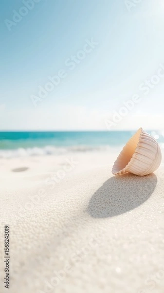 Obraz Seashell resting gently on the fine sand beside the vast ocean with a beautiful clear blue sky above on a bright sunny day