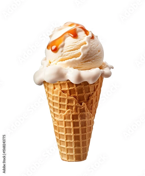 Fototapeta Vanilla ice cream cone with caramel sauce isolated on transparent background

