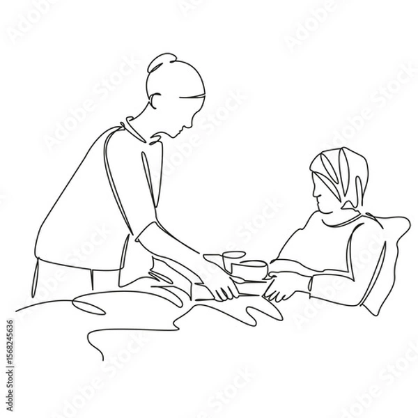 Fototapeta One continuous single drawing line art flat doodle care, woman, food, nurse, patient, service, meal, elderly, hospital. Isolated image hand draw contour on a white background, hand drawn, not AI