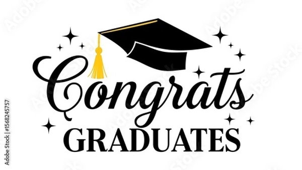 Fototapeta Graduation Congrats Graphic with Cap and Sparkles on White Background