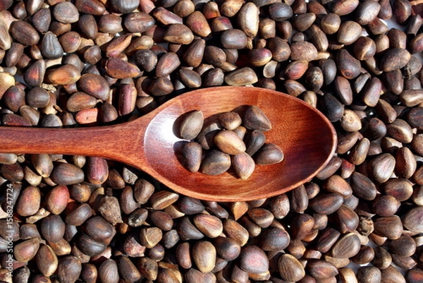 Fototapeta There is a wooden spoon with pine nuts.