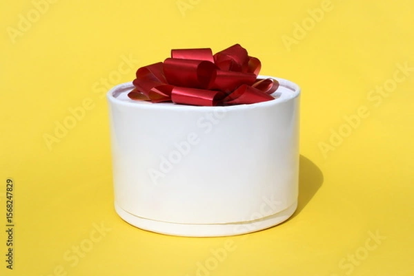 Fototapeta On a yellow background there is a round white gift box with a bow.