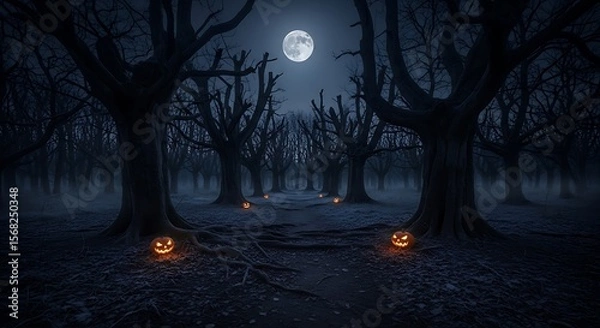 Obraz Eerie moonlit path through a spooky, bare-branched forest, illuminated by glowing jack-o'-lanterns.
