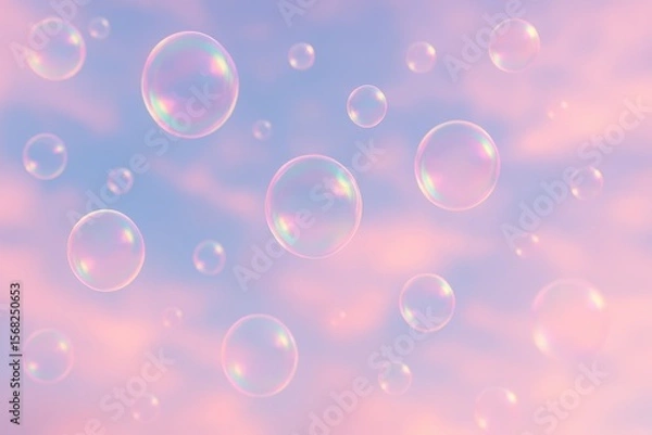 Fototapeta Whimsical pastel sky filled with floating transparent soap bubbles under pink and blue hues