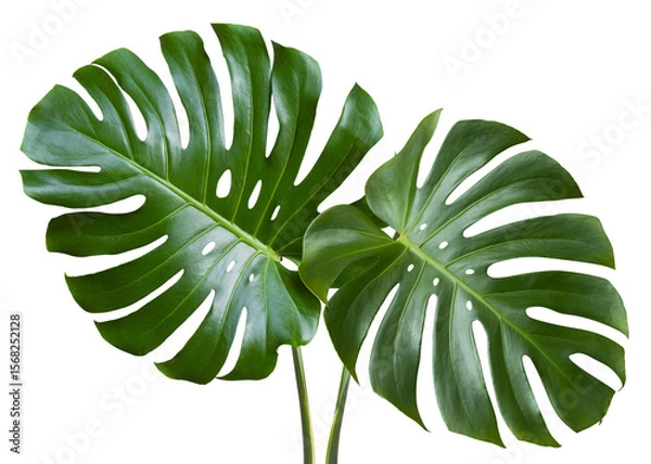 Fototapeta Two tropical leaves monstera isolated on white background. monstera leaf a. Object with clipping path
