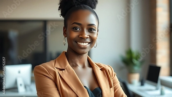 Fototapeta A confident African businesswoman in stylish attire at a modern workspace with blurred background.