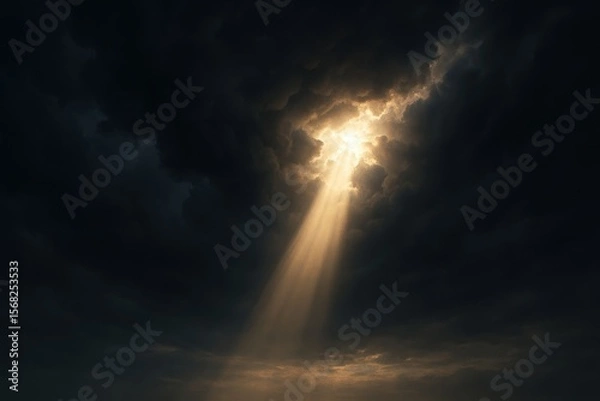 Fototapeta Sunlight breaking through dark storm clouds with dramatic rays over ocean horizon
