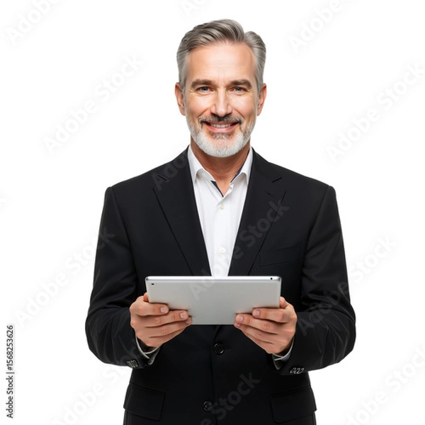 Fototapeta A confident businessman in a suit holding a tablet is isolated on a transparent background PNG.