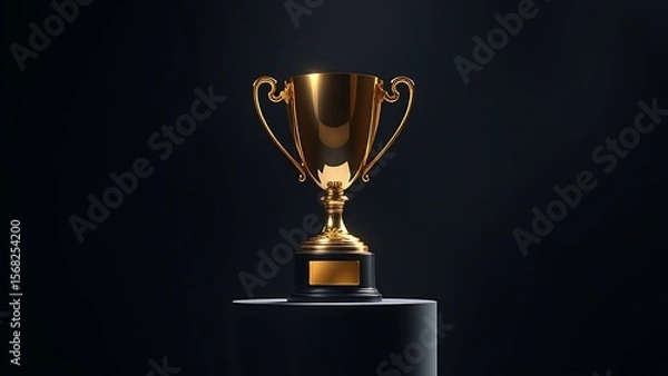 Obraz A gleaming gold trophy displayed on a pedestal, highlighted by dramatic studio lighting against darkness.