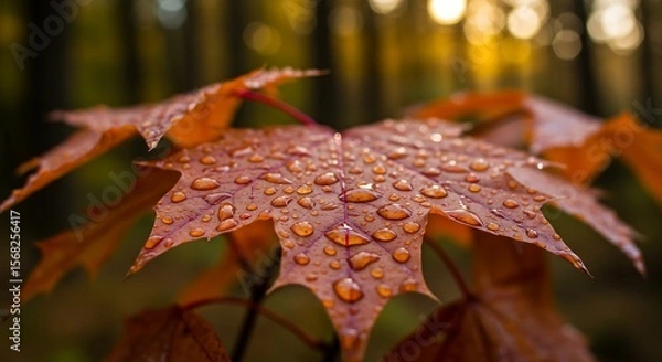 Obraz Vibrant Autumn Maple Leaves with Dew Drops AI Generative