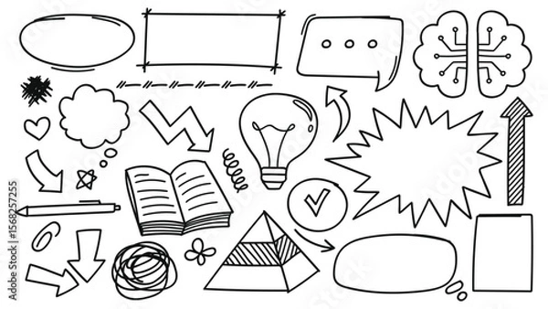 Fototapeta Collection of hand-drawn line art doodle elements, perfect for creative projects and conveying ideas.