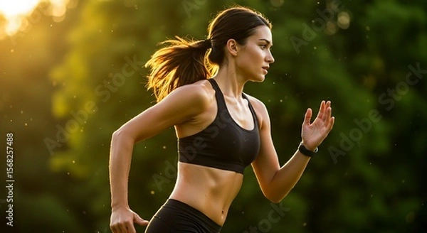 Obraz Dynamic Female Athlete Sprinting in Golden Hour Sunlight with Sharp Details AI Generative