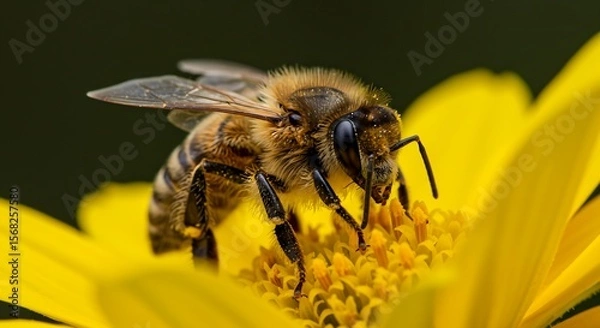 Obraz Macro Honeybee Collecting Nectar on Vibrant Sunflower with Pollen Details AI Generative