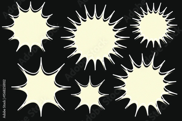 Fototapeta Cartoon starburst speech bubbles collection on black background. Vector illustration.