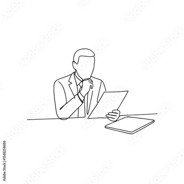 Fototapeta Businessman Thinking While Reading Document One Line Drawing Vector