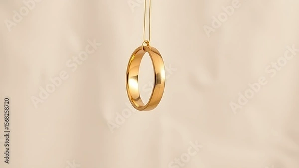 Obraz Golden wedding rings hanging gracefully against a simple linen background, symbolizing love and commitment.