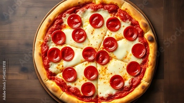 Obraz Pepperoni pizza with melted cheese, captured on a rustic wooden background for a delicious appeal.