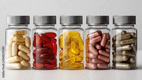 Fototapeta Five Glass Bottles Filled with Different Colored Capsules