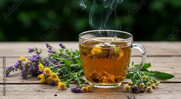 Obraz High-Resolution Steaming Herbal Tea Cup with Fresh Herbs on Wooden Table AI Generative