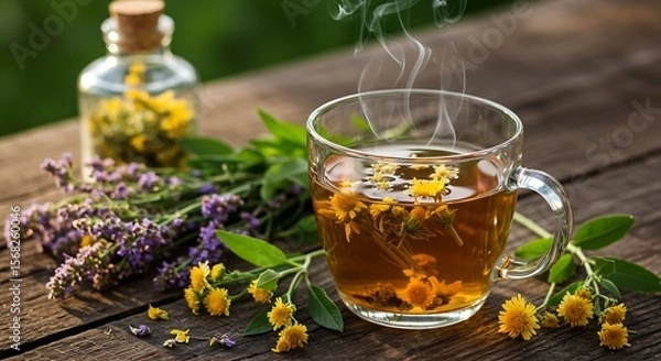 Obraz Steaming Herbal Tea Cup with Fresh Flowers and Herbs in Warm Morning Light AI Generative