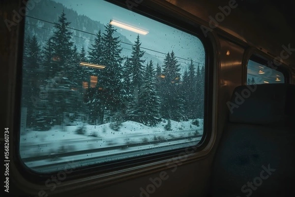 Fototapeta A window on a moving train in winter . View from the train.