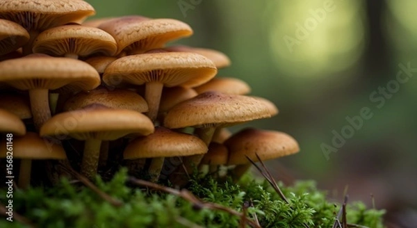 Obraz Vibrant Autumn Mushroom Cluster on Mossy Forest Floor Macro Shot AI Generative