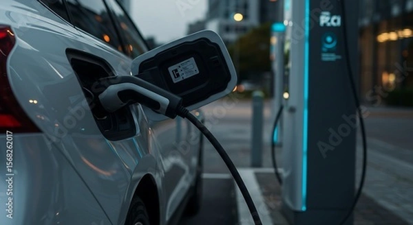 Obraz Electric Car Charging at Modern Urban Station with Futuristic Design AI Generative