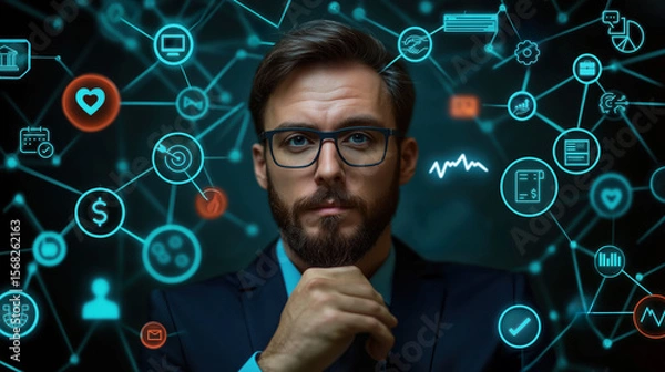 Fototapeta Thoughtful man in glasses surrounded by digital business icons, symbolizing organized resources management