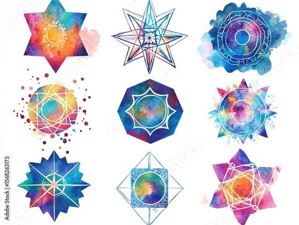 Obraz Set of watercolor vector geometric mandala illustrations Polygonal star shape round frames Watercolour texture with colorful stains background Sacred geometry