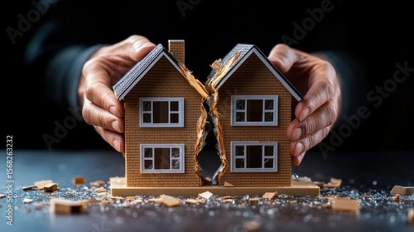 Obraz Man Breaking Small Model House in Half with Hands Symbolizing Divorce or Family Disruption or Property Damage