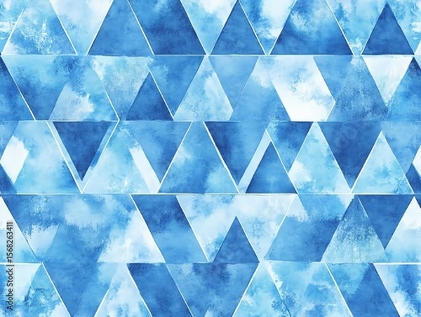 Obraz Sky blue watercolor triangles seamless repeat regular pattern Tiny textured triangle, pyramid geometric shapes with watercolour stains Geometrical vector hand drawn background