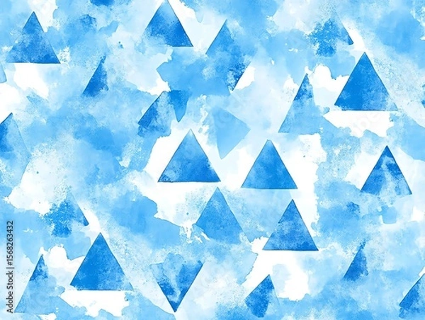 Obraz Sky blue watercolor triangles seamless repeat regular pattern Tiny textured triangle, pyramid geometric shapes with watercolour stains Geometrical vector hand drawn background