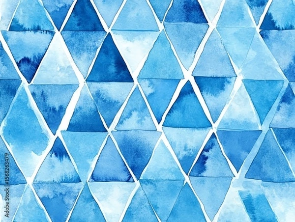Obraz Sky blue watercolor triangles seamless repeat regular pattern Tiny textured triangle, pyramid geometric shapes with watercolour stains Geometrical vector hand drawn background