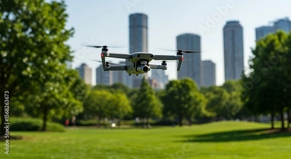 Obraz Futuristic drone flying over green urban park with detailed city skyline in background wide angle shot in bright daylight showcasing modern innovation and technology concept generative ai


